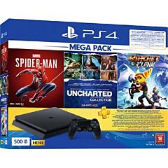 PlayStation 4, 500GB Mega Pack Bundle with 3 Games (Spider Man+Uncharted Collection+Ratchet & Clank)